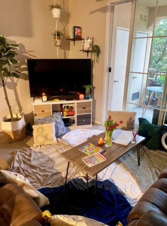 Pillows and blankets make a great ambience for DIY paint and sip night