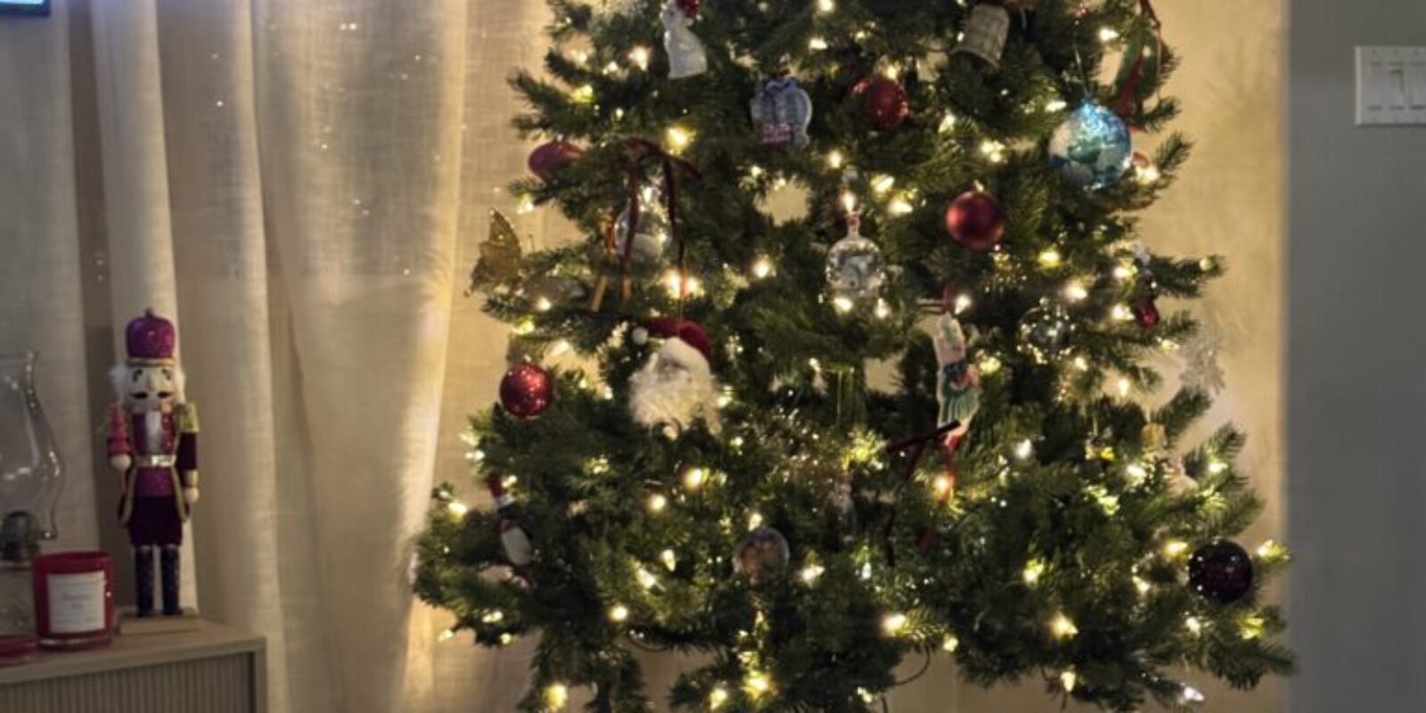 Tuxedo Cat by a Christmas tree. Creative christmas gift ideas